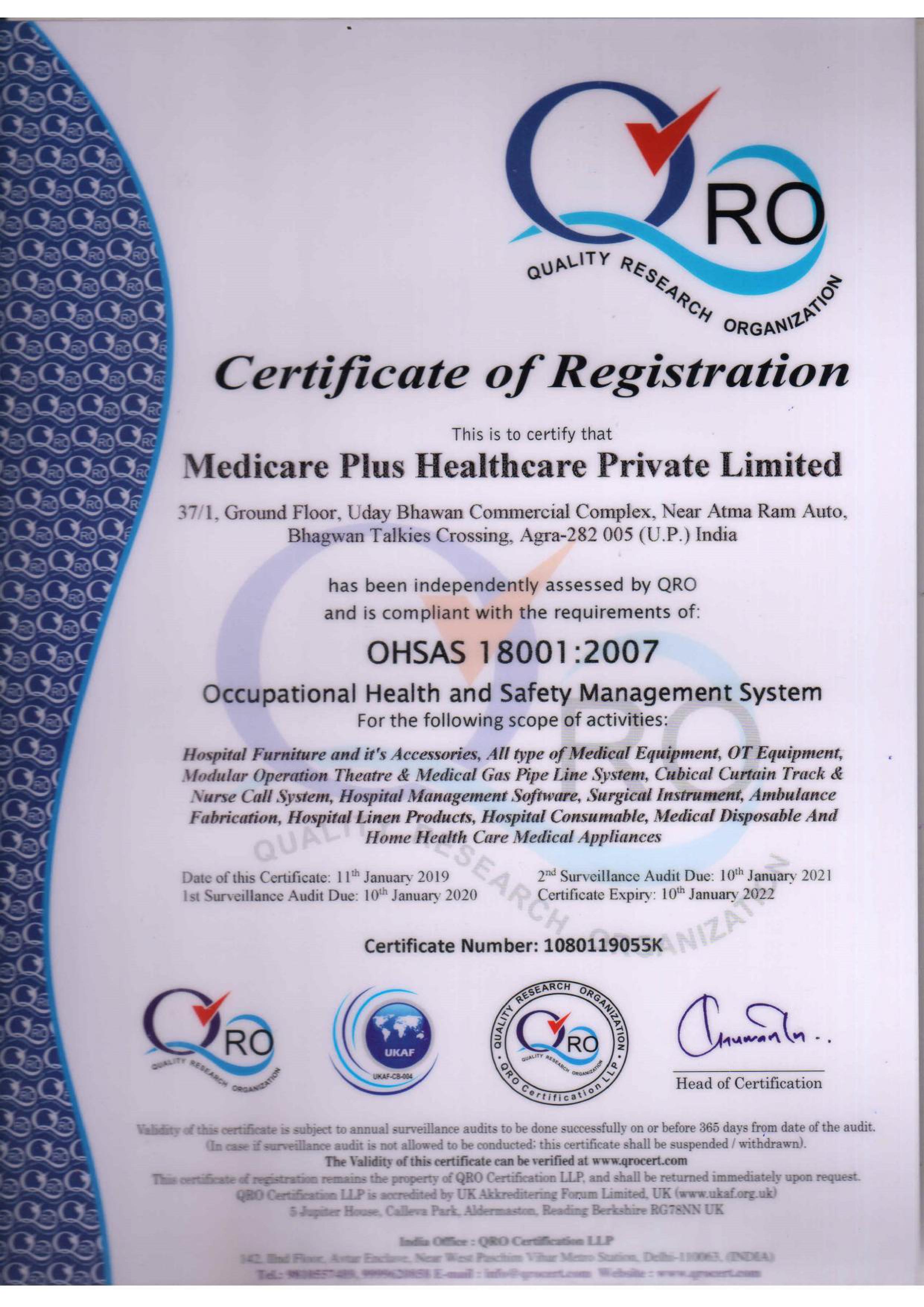 OHSAS 18001:2007 Occupational Health and Safety Certificate