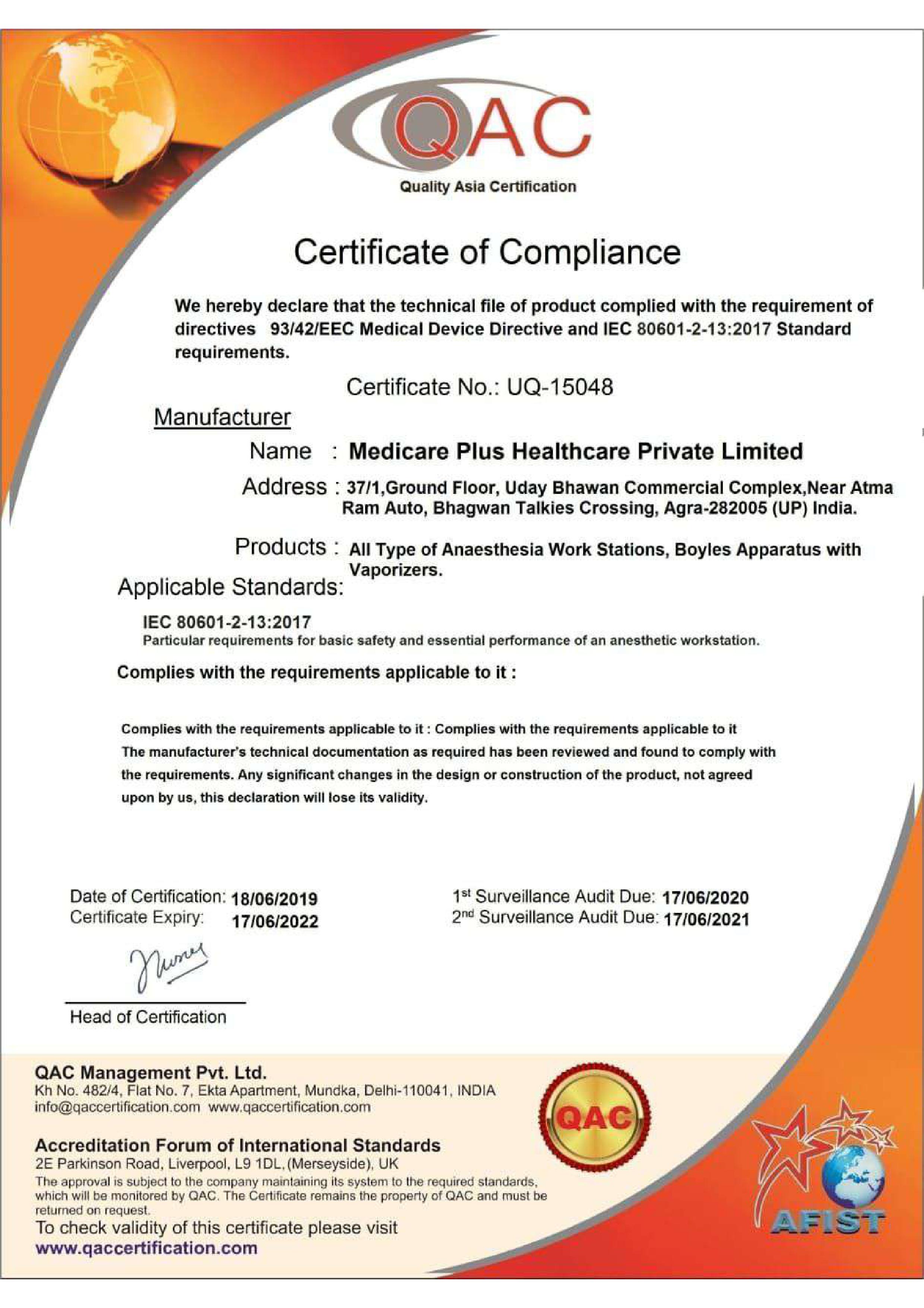 Certificate of Compliance for Anaesthesia Workstations
