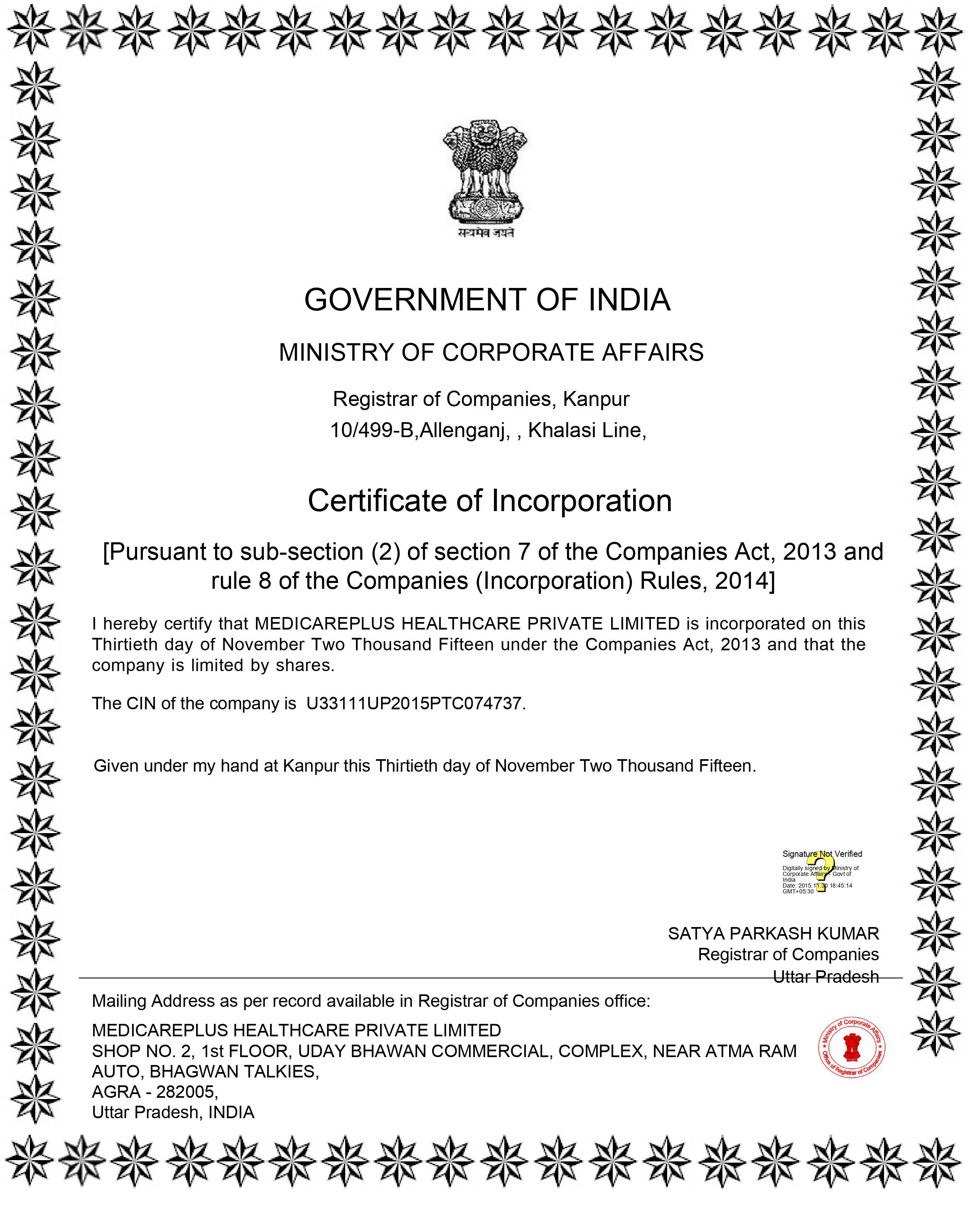 Certificate of Incorporation - Medicare Plus Healthcare Private Limited