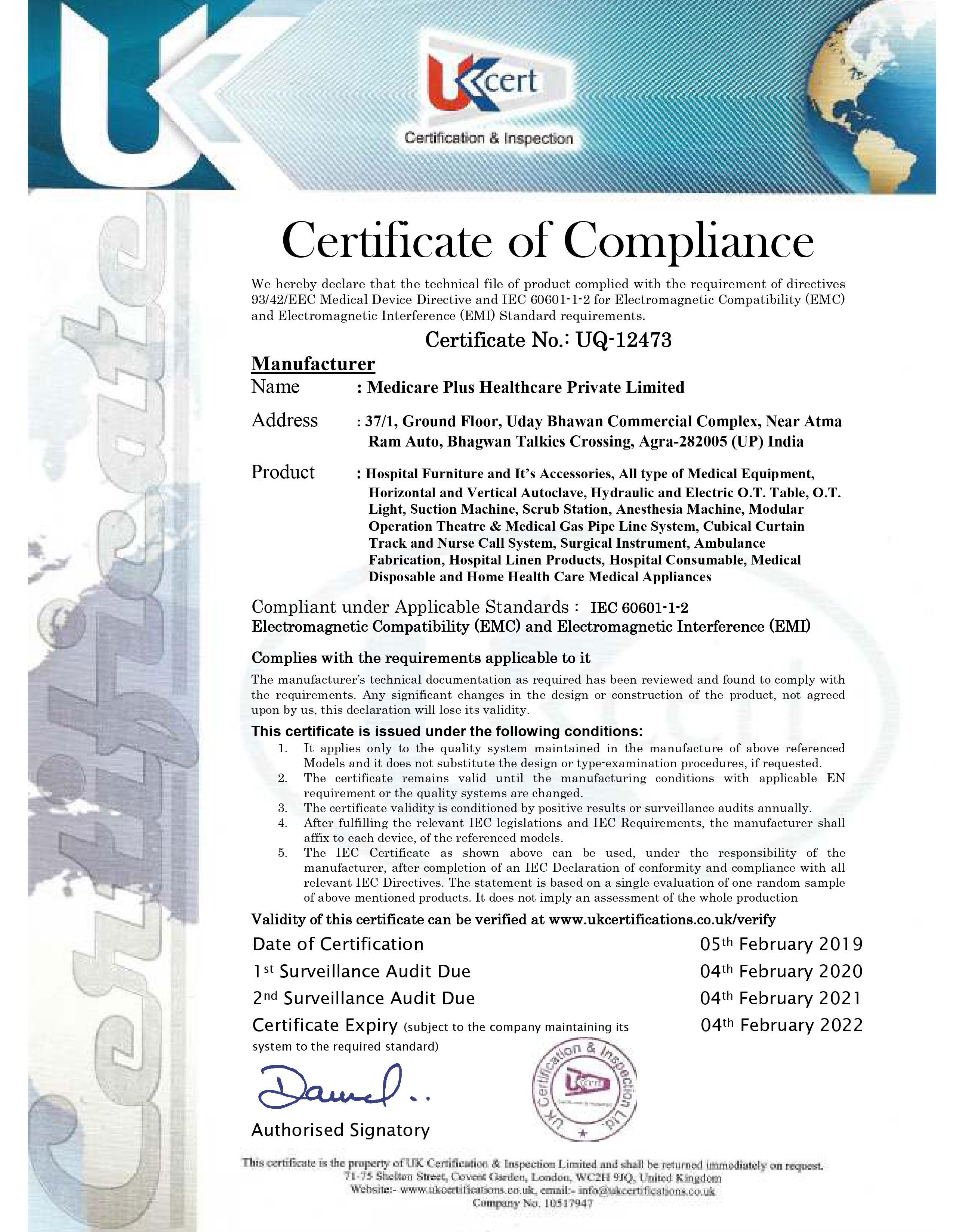 IEC Certificate of Compliance EMC and EMI